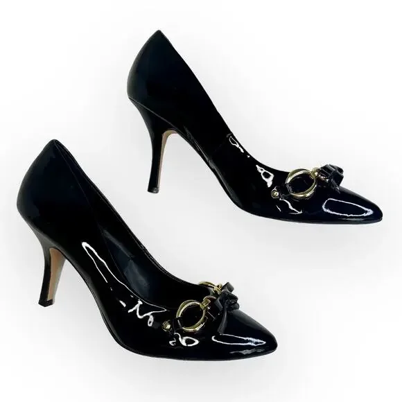 White House Black Market Gabriele Pump Size 6 Black Patent Leather Bow Chain Toe - Picture 4 of 12